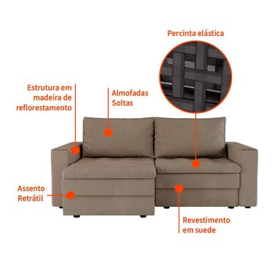 Sofá 3 Lugares Retrátil Berna Suede Bege 210 cm
