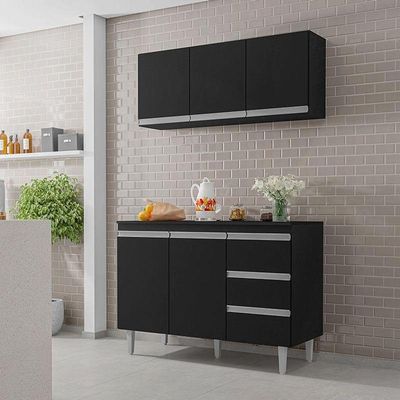 Balcão De Cozinha Com Tampo 120 Cm E Armário Aéreo Andréia Preto Fosco - Ajl