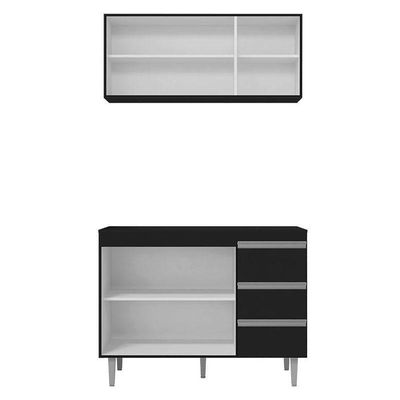 Balcão De Cozinha Com Tampo 120 Cm E Armário Aéreo Andréia Preto Fosco - Ajl