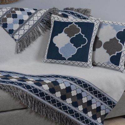 Kit Xale Para Sofá Com Franja Grécia 5 Peças 1,35m X 1,35m 60% Algodão 40% Poliéster Tecido Jacquard - Azul