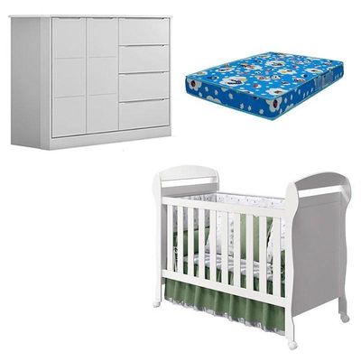 Berço Americano Danny E Cômoda Infantil Eloá Branco Acetinado Com Colchão Ortobom – Phoenix Baby