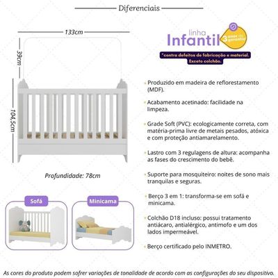 Berço Americano 3 Em 1 Com Colchão Incluso Nuvem Multimóveis Mp4385 Branco