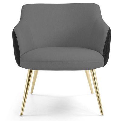 Poltrona Decorativa Pés Palitos D'Ouro Jade D02 Linho Cinza C-416 Tressê Corano Preto - Lyam Decor