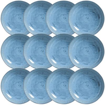 Kit 12 Pratos Fundos 830ml Cerâmica Azul Linhas Breeze 22,5cm Mesa Jantar Porto Brasil