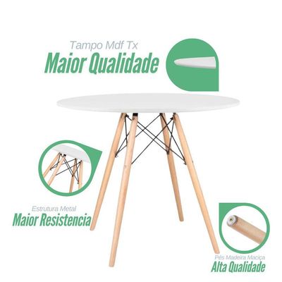 Jogo Mesa De Jantar Sala Cozinha Redonda Mdf 110cm Eiffel Branco E 4 Cadeiras Leda Wood Preta