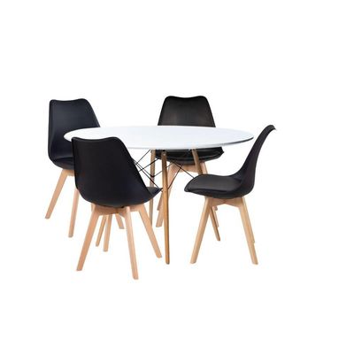 Jogo Mesa De Jantar Sala Cozinha Redonda Mdf 110cm Eiffel Branco E 4 Cadeiras Leda Wood Preta