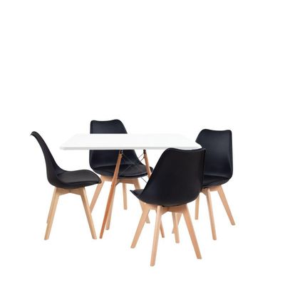 Jogo Jantar Mesa Eiffel Quadrada 80cm Mdf Branco E 04 Cadeira Leda Wood Preta