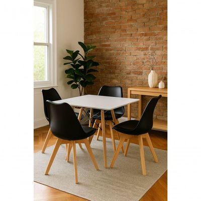Jogo Jantar Mesa Eiffel Quadrada 80cm Mdf Branco E 04 Cadeira Leda Wood Preta