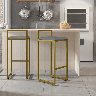 Banqueta Alta Para Cozinha Sala De Jantar Hanna L02 Dourado Linho Cinza Escuro - Lyam Decor