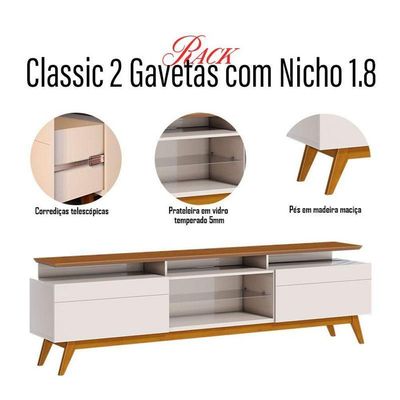 Rack Bancada Classic 2 Gavetas Com Nicho Off White Freijó Touch - Imcal
