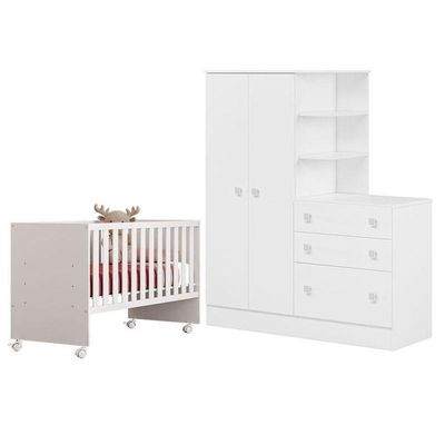 Berço Nacional 3540 E Guarda Roupa Com Cômoda 4070 Doce Sonho Branco Brilho – Qmovi