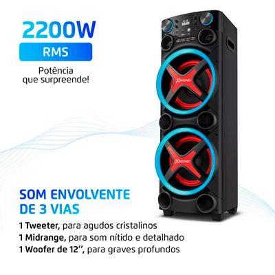 Torre de Som Amplificada Mondial TM-2200 com Bluetooth, Função Passa Pasta e Integração com Guitarra e Microfone 2200W Preto / Bivolt