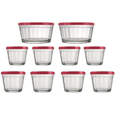 Conjunto de Tigelas Copo Americano em Vidro com Tampa de Plástico 10 Peças Vermelho com Transparente