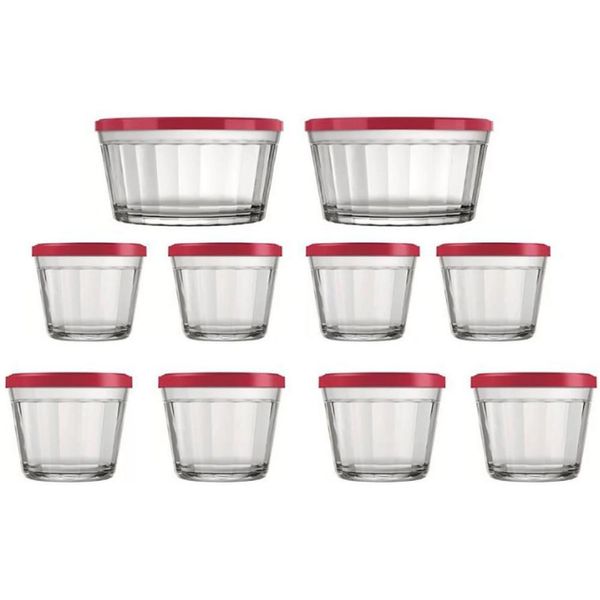 Conjunto de Tigelas Copo Americano em Vidro com Tampa de Plástico 10 Peças Vermelho com Transparente