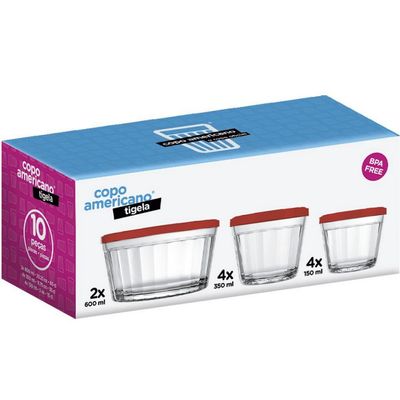 Conjunto de Tigelas Copo Americano em Vidro com Tampa de Plástico 10 Peças Vermelho com Transparente