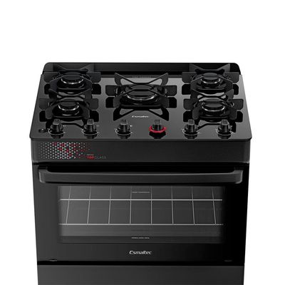 Fogão Esmaltec IDEAL Top Glass T5VAP 5 Bocas com Mesa de Vidro e Acendimento Automático Forno 84L Preto / Bivolt
