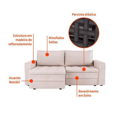 Sofá 3 Lugares Retrátil Berna Linho Cru 210 cm