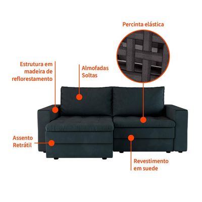 Sofá 3 Lugares Retrátil Berna Suede Grafite 210 cm