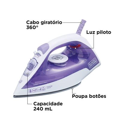 Ferro a Vapor BlackeDecker FX1050 1200W Base Antiaderente Spray Frontal Cabo Giratório Branco com Roxo / 220V