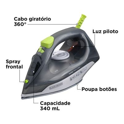 Ferro a Vapor BlackeDecker FX2750 Antigotejamento Base Cerâmica Gliss Cabo Giratório Cinza com Verde / 110V
