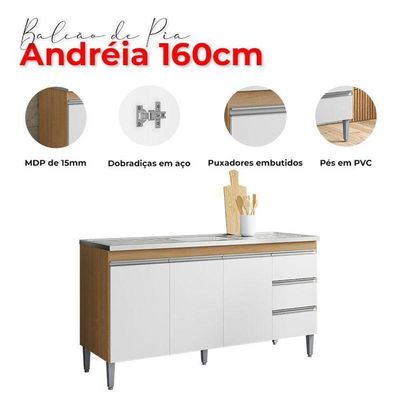 Balcão De Pia 160cm E Armário Aéreo Andreia Amêndoa Branco - Ajl