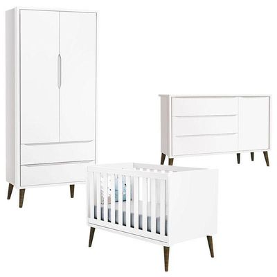 Quarto De Bebê Theo 2 Portas Com Cômoda Com Porta Branco Acetinado Com Pés Amadeirado - Reller