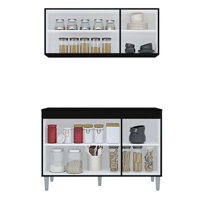 Balcão De Cozinha Manu Com Tampo 120 Cm E Armário Aéreo Andréia Preto Fosco - Ajl