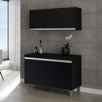 Balcão De Cozinha Manu Com Tampo 120 Cm E Armário Aéreo Andréia Preto Fosco - Ajl