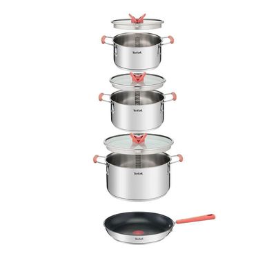 Conjunto de Panelas 4 Peças T-FAL OptiSpace com Revestimento Antiaderente, Tampas de Vidro com Borda em Inox Inox