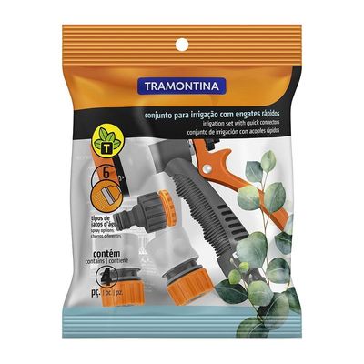 Conjunto para Irrigação Tramontina com Engates Rápidos e Hidropistola 4 Peças Cinza com Laranja