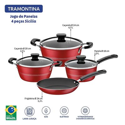 Jogo de Panelas Tramontina Sicília em Alumínio com Revestimento Interno e Externo Antiaderente Starflon Excellent 4 Peças Vermelho
