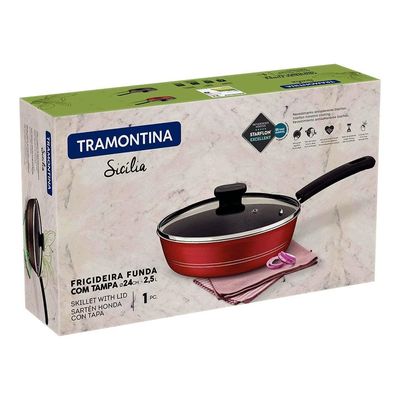 Frigideira Funda Tramontina Sicília em Alumínio com Tampa, Revestimento em Antiaderente Starflon Excellent 24 cm Vermelho
