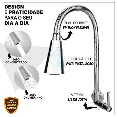 Torneira Gourmet Para Cozinha Parede Pia Dois Jatos Cone Cromado Cód. 6700