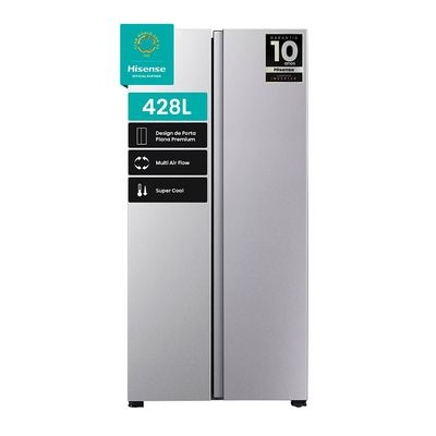 Geladeira 428L Hisense RS3P428 Side by Side Inverter Frost Free Portas Planas Puxador Embutido Metálico / 127V