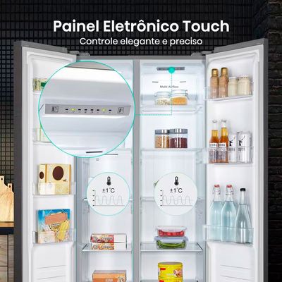 Geladeira 428L Hisense RS3P428 Side by Side Inverter Frost Free Portas Planas Puxador Embutido Metálico / 127V