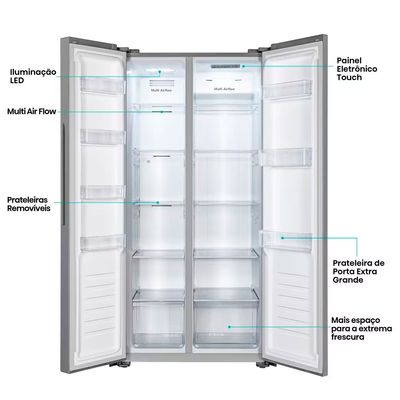 Geladeira 428L Hisense RS3P428 Side by Side Inverter Frost Free Portas Planas Puxador Embutido Metálico / 127V