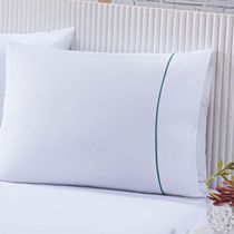 Jogo De Cama 100% Algodão Percal 150 Fios Solteiro Gran Moratta 2 Peças - Branco E Detalhe Verde