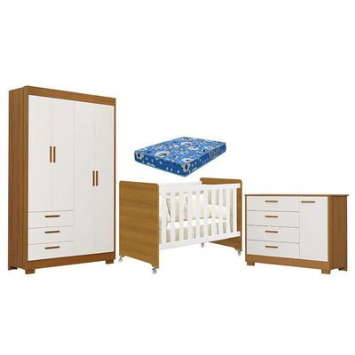Quarto De Bebê Zaki E Berço Americano Evolution 4 Em 1 Branco Acetinado Savana Com Colchão Ortobom - Reller