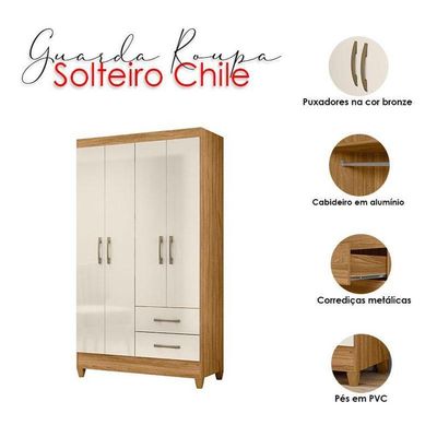 Guarda Roupa Solteiro Ambiente Chile 4 Portas Freijó Off White - Moval