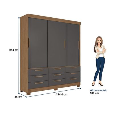 Guarda-Roupa Casal Santos Andirá Morretes com 3 Portas de Correr, 9 Gavetas e 4 Prateleiras 194,4cm de largura Jatobá com Grafite