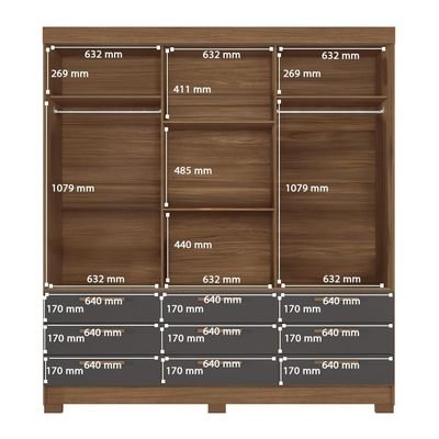 Guarda-Roupa Casal Santos Andirá Morretes com 3 Portas de Correr, 9 Gavetas e 4 Prateleiras 194,4cm de largura Jatobá com Grafite