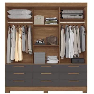 Guarda-Roupa Casal Santos Andirá Morretes com 3 Portas de Correr, 9 Gavetas e 4 Prateleiras 194,4cm de largura Jatobá com Grafite