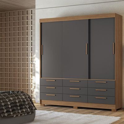 Guarda-Roupa Casal Santos Andirá Morretes com 3 Portas de Correr, 9 Gavetas e 4 Prateleiras 194,4cm de largura Jatobá com Grafite