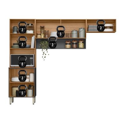 Cozinha Compacta Demóbile Aspen com 6 Portas e 2 Prateleiras 250cm de Largura Amêndola com Grafite