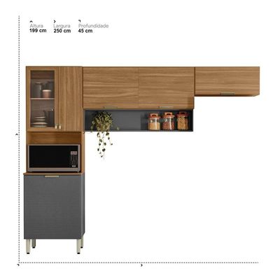 Cozinha Compacta Demóbile Aspen com 6 Portas e 2 Prateleiras 250cm de Largura Amêndola com Grafite
