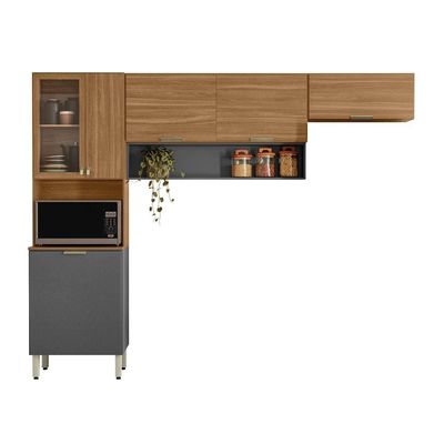 Cozinha Compacta Demóbile Aspen com 6 Portas e 2 Prateleiras 250cm de Largura Amêndola com Grafite
