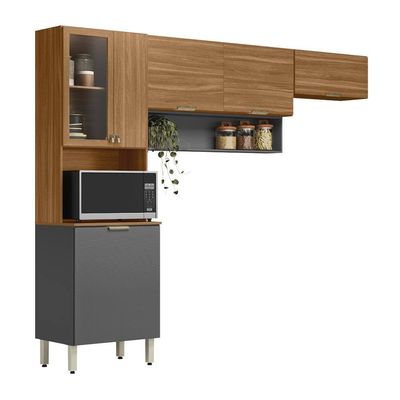 Cozinha Compacta Demóbile Aspen com 6 Portas e 2 Prateleiras 250cm de Largura Amêndola com Grafite