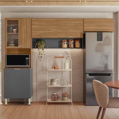 Cozinha Compacta Demóbile Aspen com 6 Portas e 2 Prateleiras 250cm de Largura Amêndola com Grafite