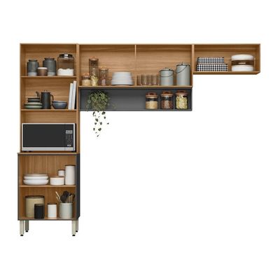 Cozinha Compacta Demóbile Aspen com 6 Portas e 2 Prateleiras 250cm de Largura Amêndola com Grafite