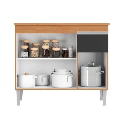 Balcão De Cozinha Tatiane 100cm 3 Portas 1 Gaveta Com Tampo Amêndoa/Preto
